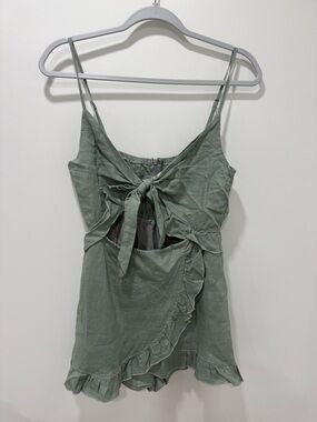Tie-Front Sage Green Ruffle Romper